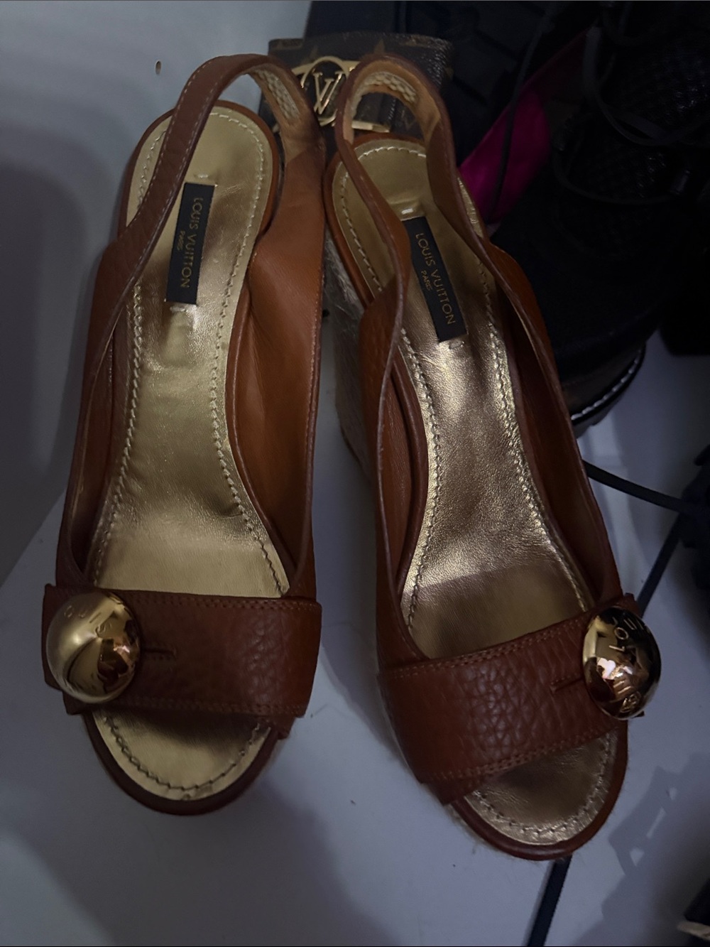Louis Vuitton Cognac Leather Open-Toe Slingback Mules with Gold Accents